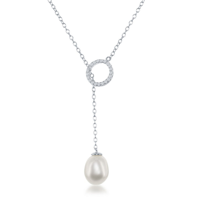Sterling Silver CZ Circle with Teardrop Freshwater Pearl Adjustable Bolo Necklace