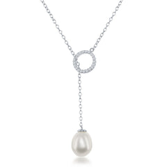 Sterling Silver CZ Circle with Teardrop Freshwater Pearl Adjustable Bolo Necklace