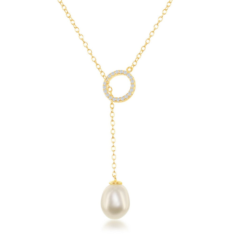 Sterling Silver CZ Circle with Teardrop Freshwater Pearl Adjustable Bolo Necklace - Gold Plated