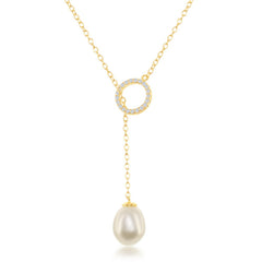 Sterling Silver CZ Circle with Teardrop Freshwater Pearl Adjustable Bolo Necklace - Gold Plated