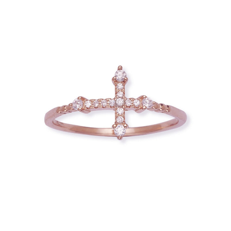 Sterling Silver Rose GP CZ Micro Pave Cross Ring