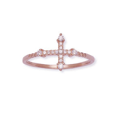 Sterling Silver Rose GP CZ Micro Pave Cross Ring