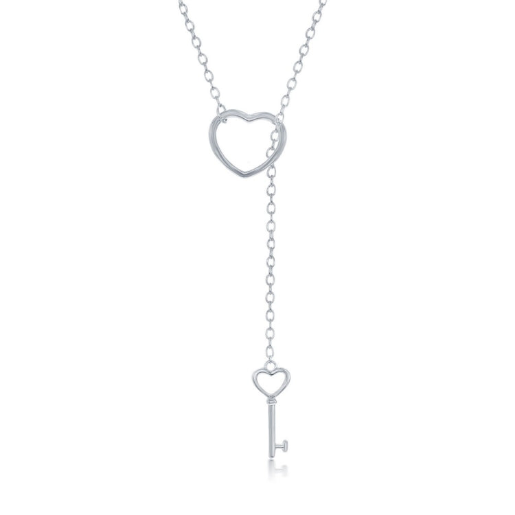 Sterling Silver Open Heart with Hanging Key Adjustable Lariat Bolo Necklace