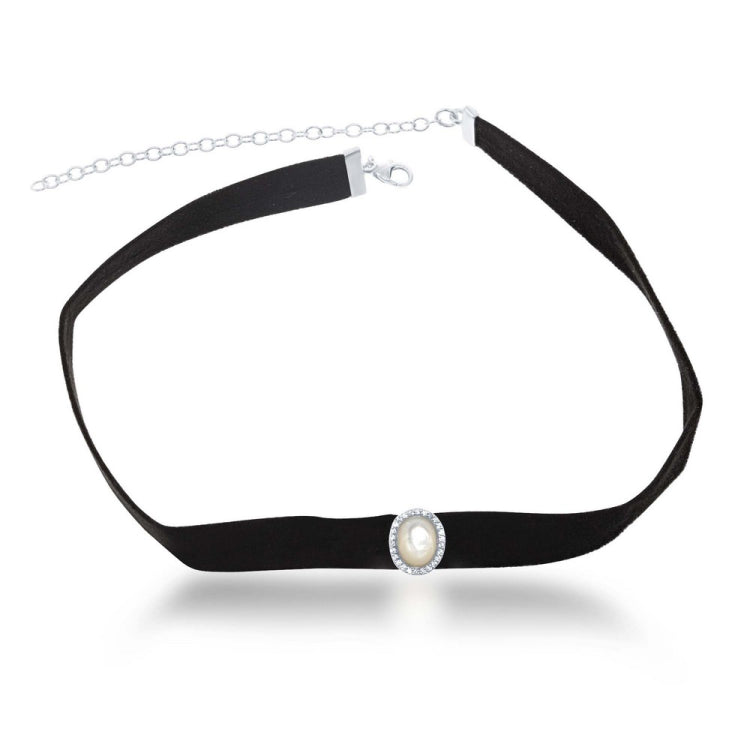 Sterling Silver Center Oval MOP with CZ Border Black Suede Choker