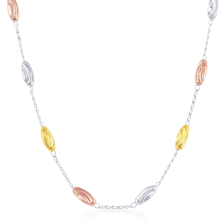 Sterling Silver Tri Color Diamond Moon Cut Oval Bead Necklace