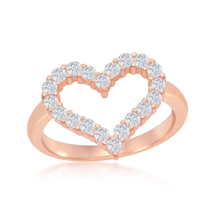 Sterling Silver Rose Gold Plated Open Heart Cubic Zirconia Ring