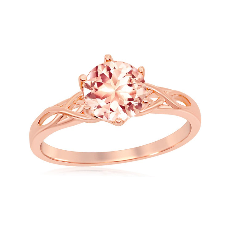 Sterling Silver Rose Gold Plated Six-Prong 7mm Round Morganite CZ w/ Designed Band Ring