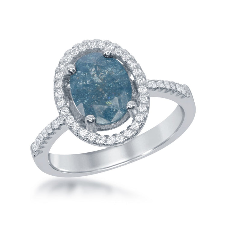 Sterling Silver Oval Blue Ice with CZ Border Ring