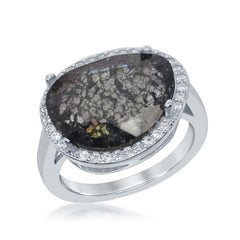 Sterling Silver Oval Black Ice with CZ Border Ring