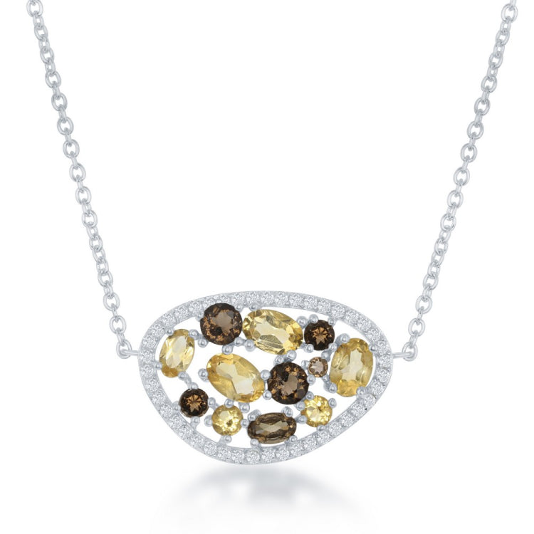 Sterling Silver Larch Multi Shaped Citrine and Smokey with White Topaz Border Necklace