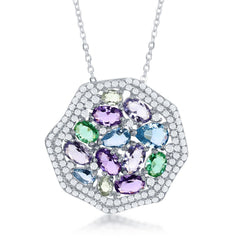 Sterling Silver Large Hexagon Center Lavender, Amy, Emerald, & BTCZ's w/ CZ Border Necklace