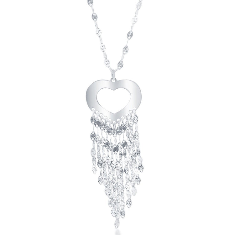 Sterling Silver Tasseled Open Heart Diamond Cut Necklace