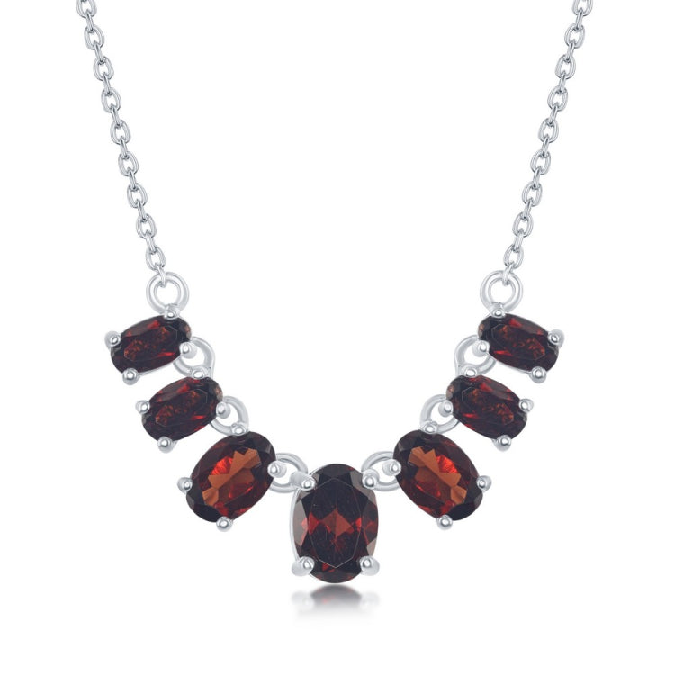 Sterling Silver Graduating Garnet Oval Necklace