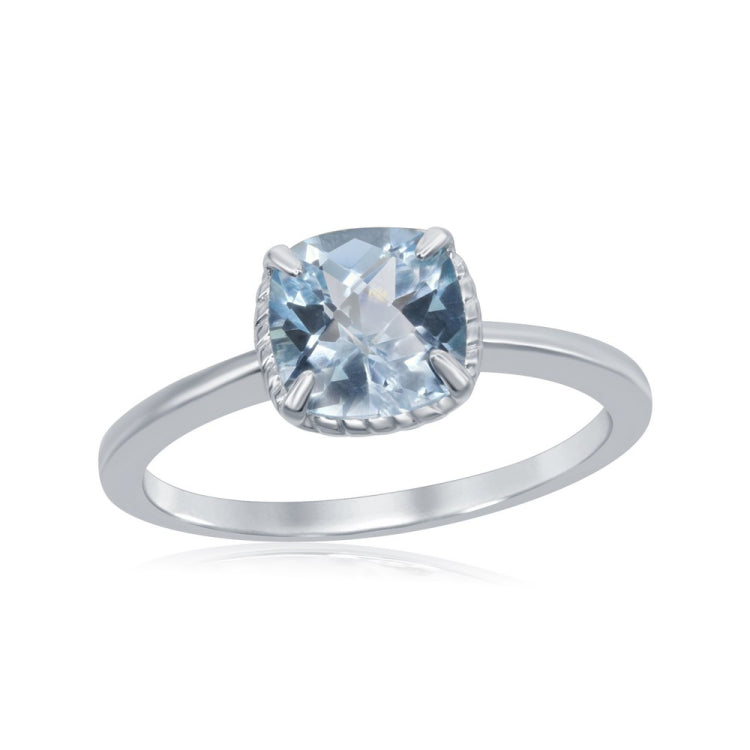 Sterling Silver Four-Prong Square Blue Topaz Rope Design Border Ring