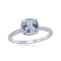 Sterling Silver Four-Prong Square Blue Topaz Rope Design Border Ring