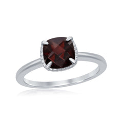 Sterling Silver Four-Prong Square Garnet Rope Design Border Ring