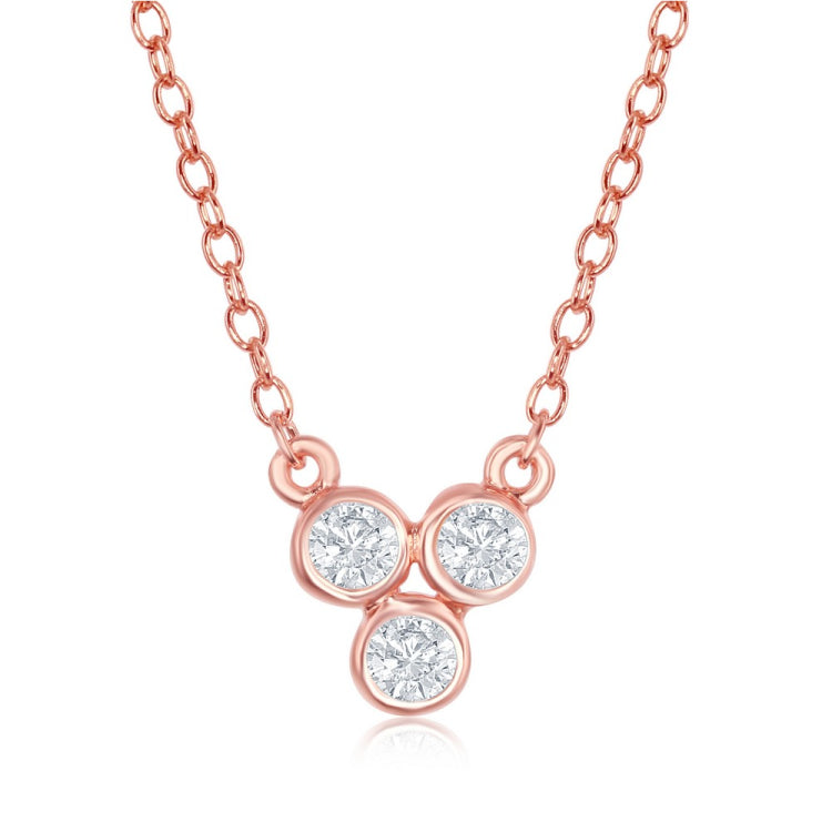 Sterling Silver Three Small Bezel-Set CZ Dainty Necklace - Rose Gold Plated