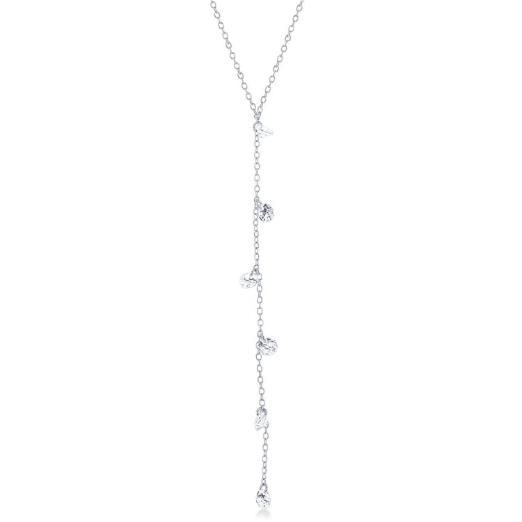 Sterling Silver Hanging CZs Lariat 'Y' Necklace - Rhodium Plated