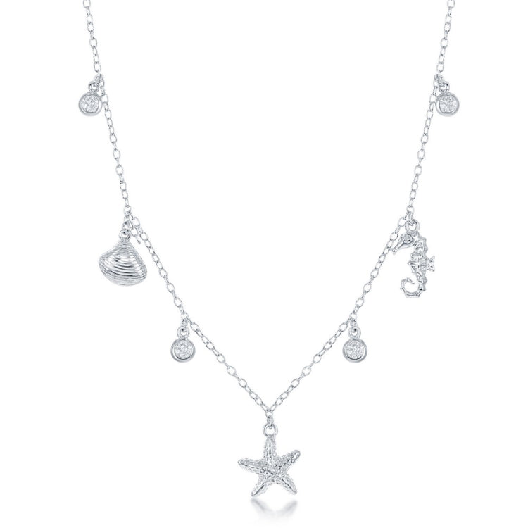 Sterling Silver Sea Shell, Starfish & Seahorse with Bezel-Set CZ's Necklace