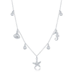 Sterling Silver Sea Shell, Starfish & Seahorse with Bezel-Set CZ's Necklace