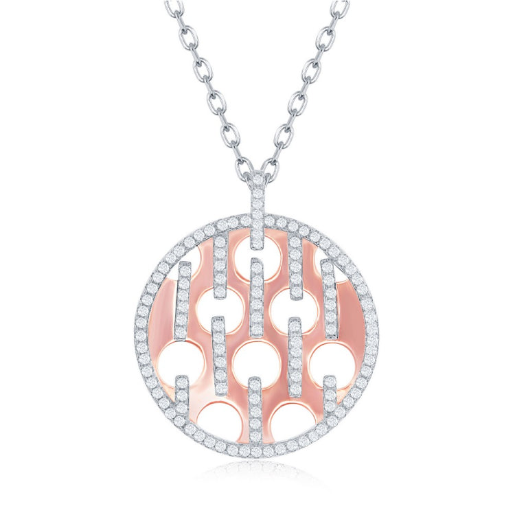 Sterling Silver Shiny Disc with Circle Cut-outs & CZ Bars Necklace - Rose Gold Plated