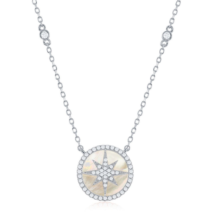 Sterling Silver Round MOP with Center Micro Pave Star Necklace