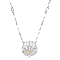 Sterling Silver Round MOP with Center Micro Pave Star Necklace