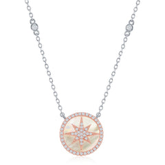 Sterling Silver Two-Tone Round MOP w/ Center Micro Pave Star Necklace