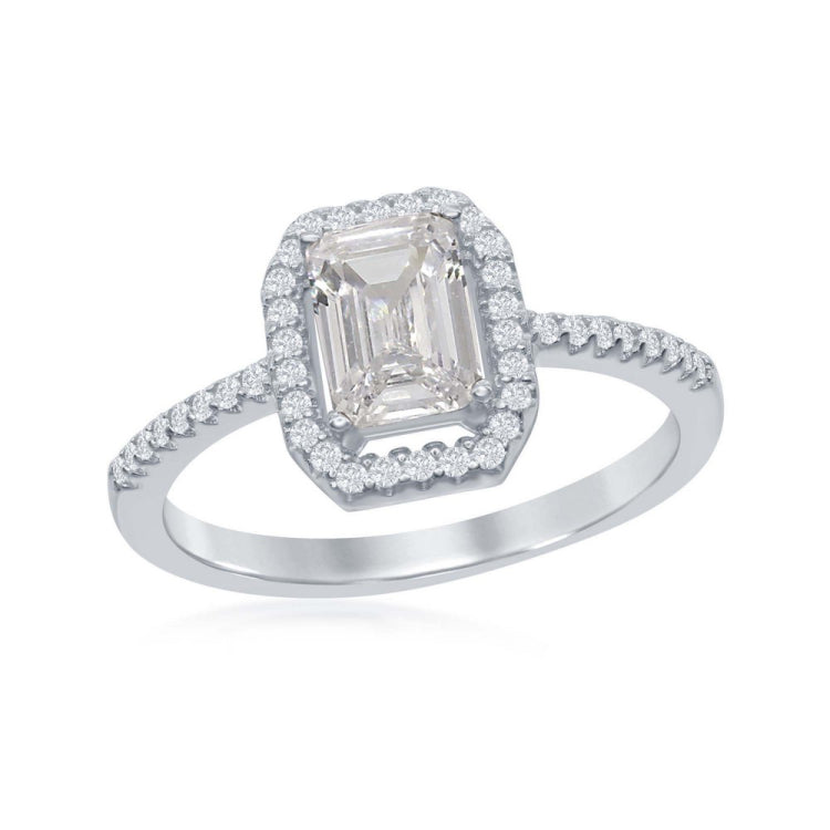 Sterling Silver Emerald-Cut White CZ with CZ Border Ring