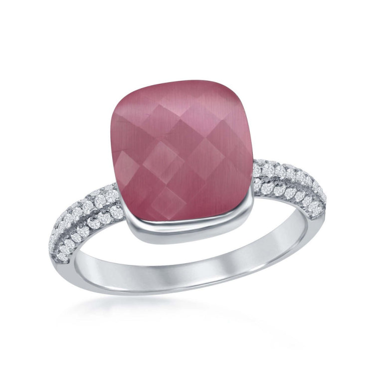 Sterling Silver Checkered Square Pink Cat's Eye with Half Micro Pave Band Ring