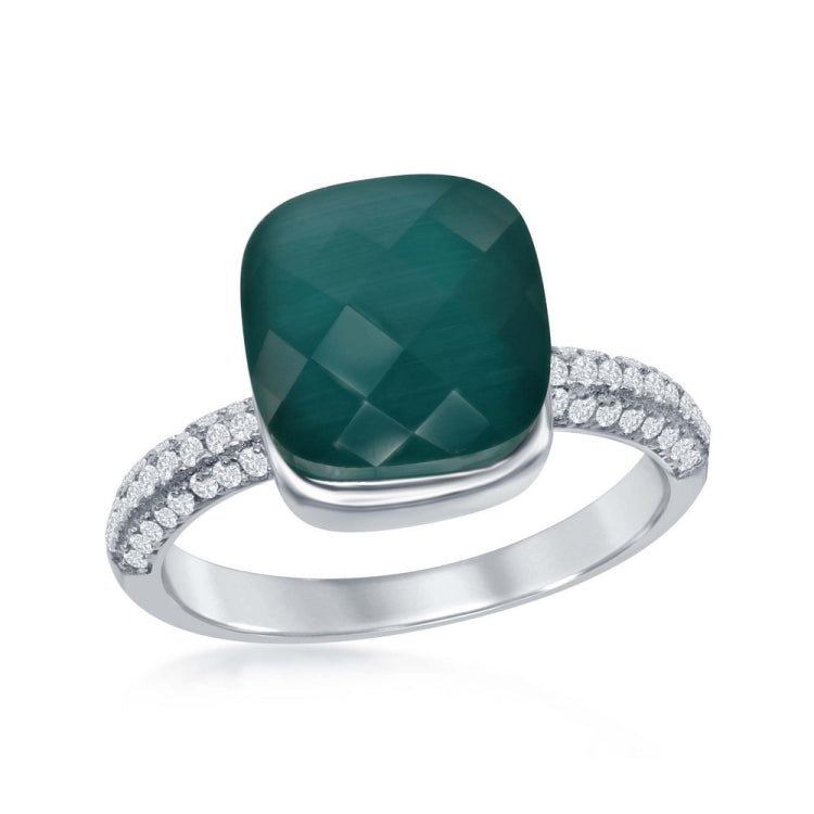 Sterling Silver Checkered Square Green Cat's Eye with Half Micro Pave Band Ring
