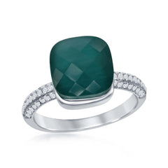 Sterling Silver Checkered Square Green Cat's Eye with Half Micro Pave Band Ring