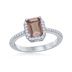 Sterling Silver Four-Prong Tourmaline CZ with CZ Border Ring
