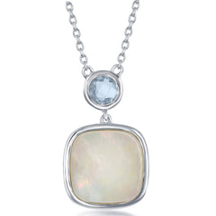 Sterling Silver Bezel Set Blue Topaz and Square MOP Necklace