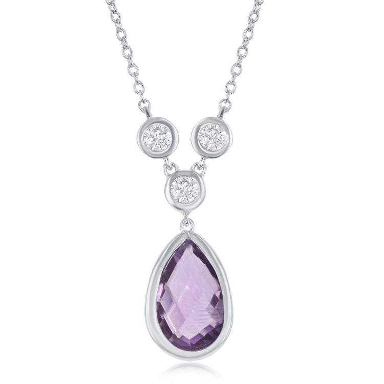 Sterling Silver Amethyst Teardrop with Three Bezel-set White Topaz Necklace