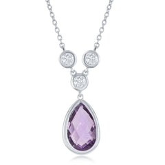 Sterling Silver Amethyst Teardrop with Three Bezel-set White Topaz Necklace