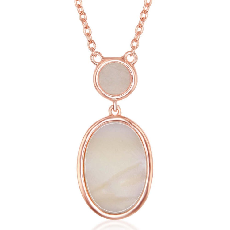 Sterling Silver Rose Gold Plated Bezel-set Rose Quartz and Oval Pink Mother of Pearl Necklace