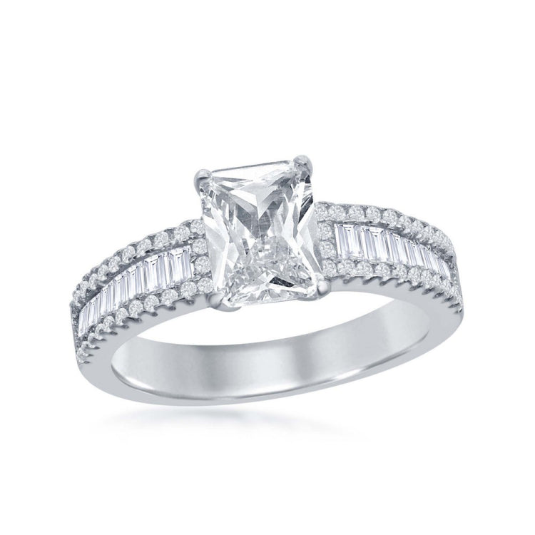 Sterling Silver Emerald Cut CZ Center w/ Half Baguette CZ Band Engagement Ring