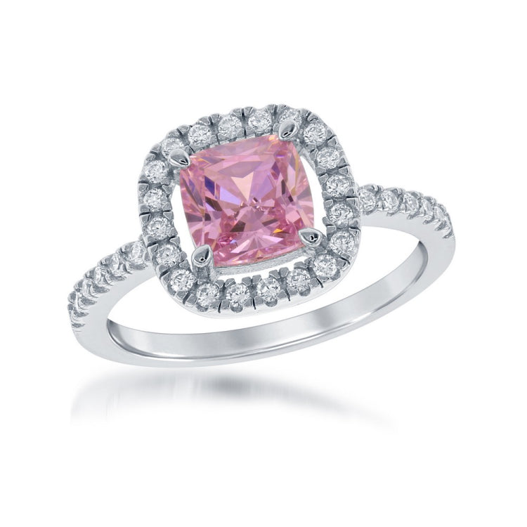 Sterling Silver Pink and White CZ Micro Pave Square Ring