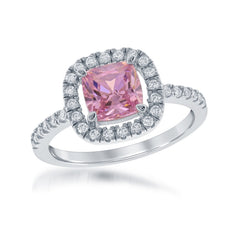 Sterling Silver Pink and White CZ Micro Pave Square Ring