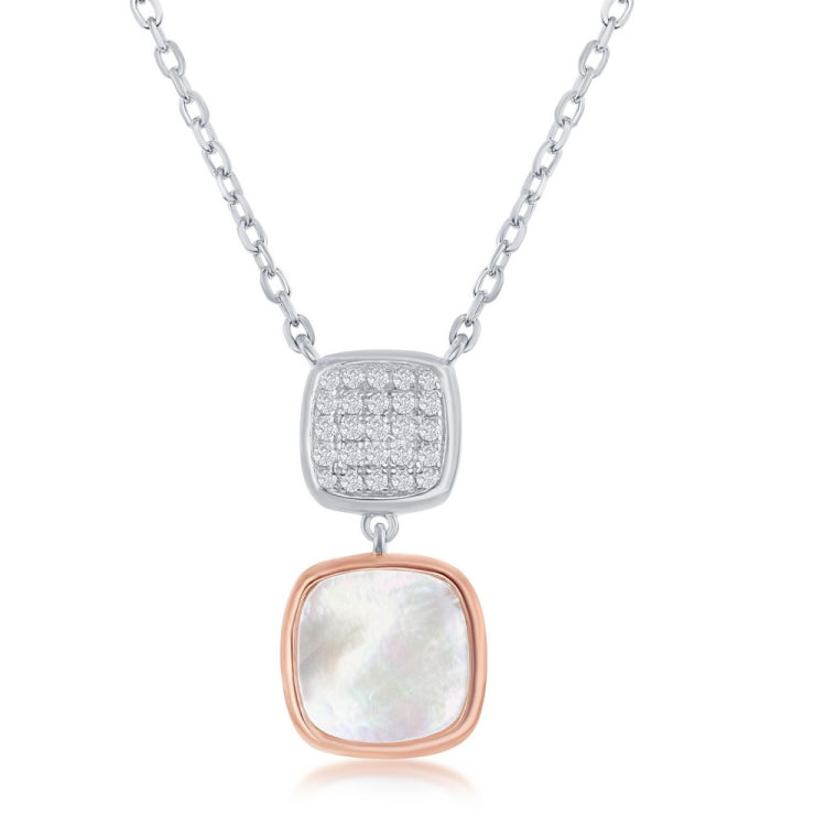 Sterling Silver Two-Tone Micro Pave and Mother of Pearl Double Sqaure Necklace