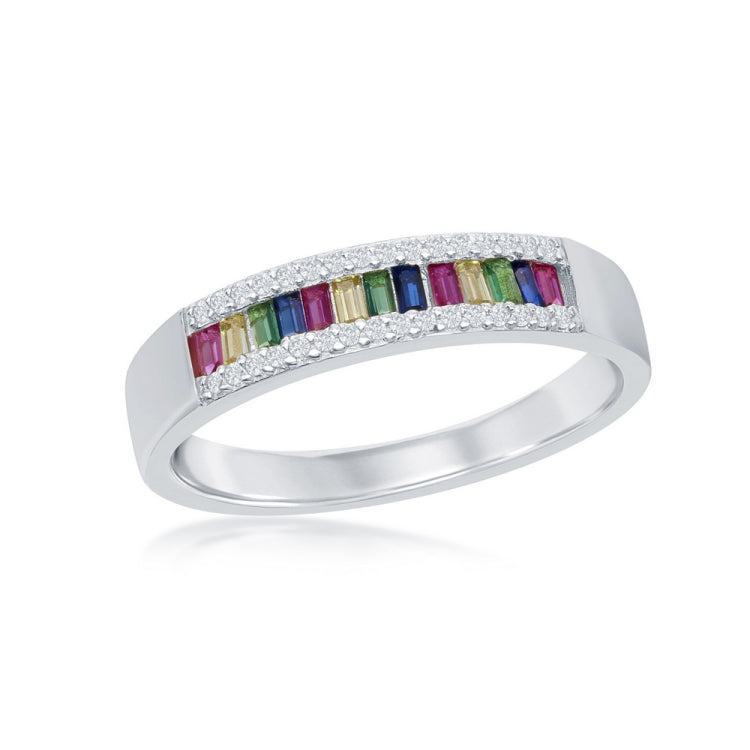 Sterling Silver Baguette Rainbow CZ with White CZ Border Channel-Set Band Ring