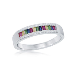 Sterling Silver Baguette Rainbow CZ with White CZ Border Channel-Set Band Ring