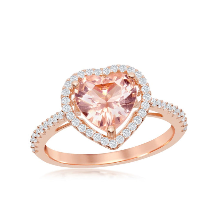 Sterling Silver Heart Morganite CZ with White CZ Border Ring