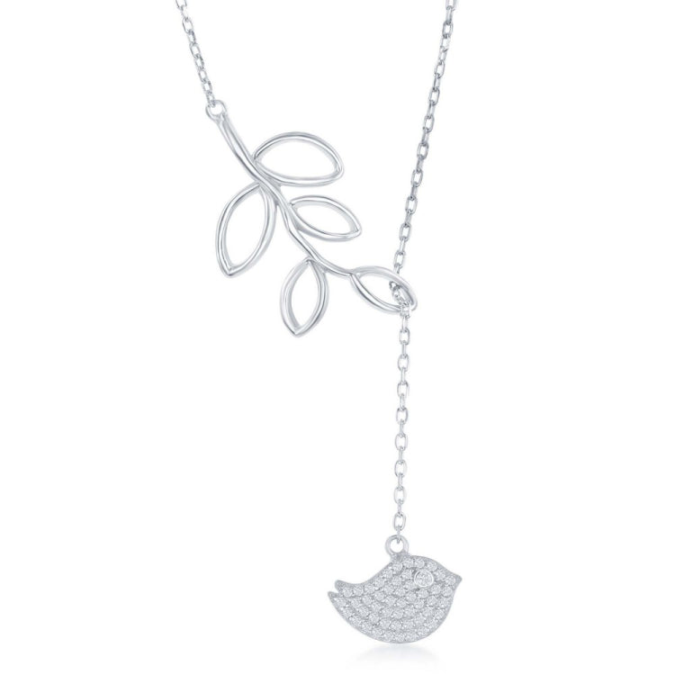 Sterling Silver Open Leaf with Hanging Micro Pave Bird Lariat 'Y' Necklace