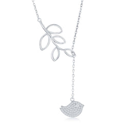 Sterling Silver Open Leaf with Hanging Micro Pave Bird Lariat 'Y' Necklace