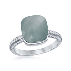 Sterling Silver Checkered Square Blue Cat's Eye with Half Micro Pave Band Ring