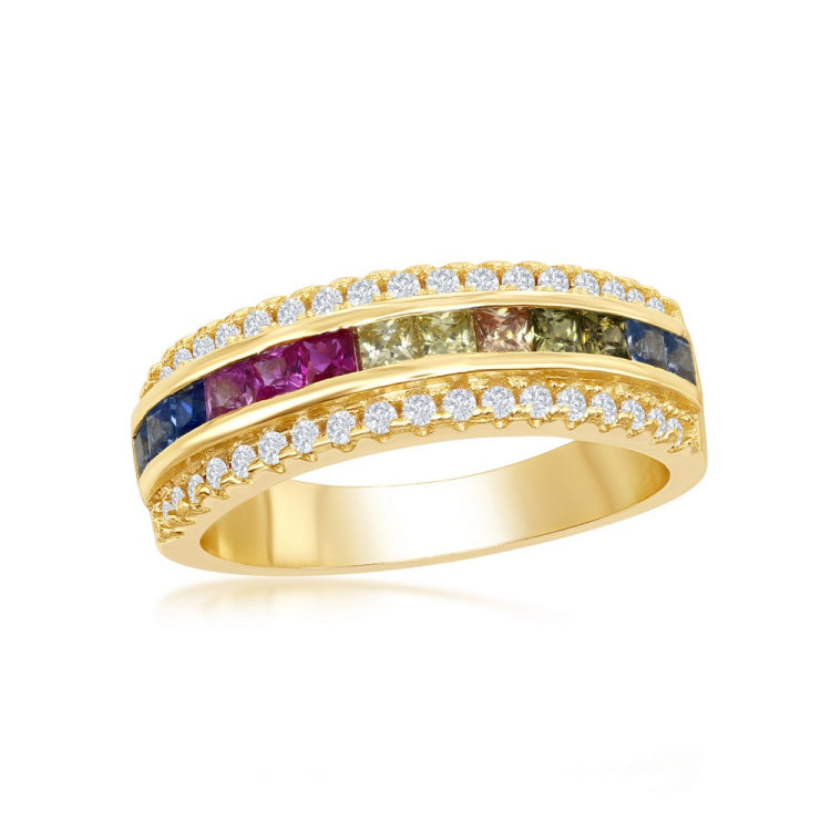 Sterling Silver Gold Plated Half Center Channel Set Rainbow CZ with White CZ Border Ring