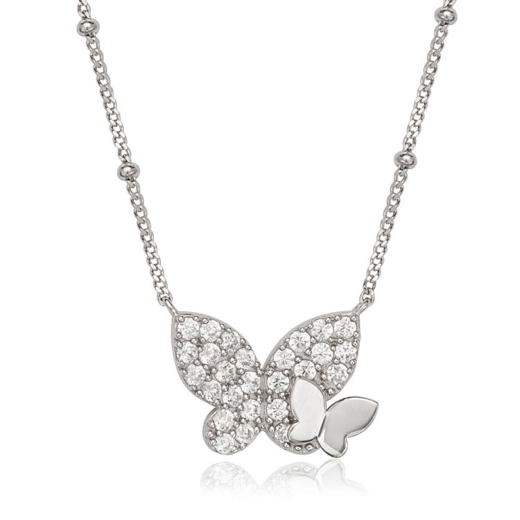 Sterling Silver Beaded Chain CZ Butterfly with Small Polished Butterfly Necklace
