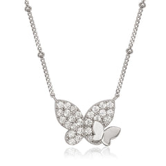 Sterling Silver Beaded Chain CZ Butterfly with Small Polished Butterfly Necklace